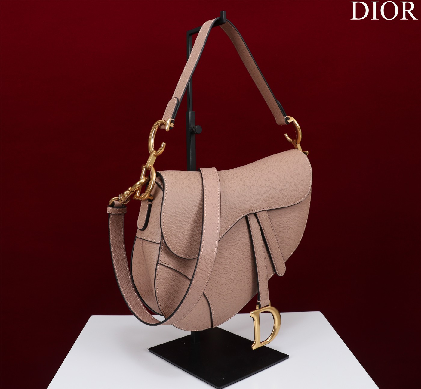 Saddle Bag with Strap Nude Pink Grained Calfskin